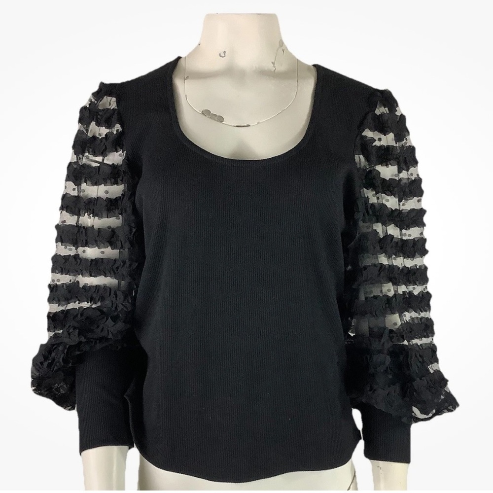 Anthropologie Sz XL Chiffon Ruffle Statement Arm Blouse Black Polyester Top